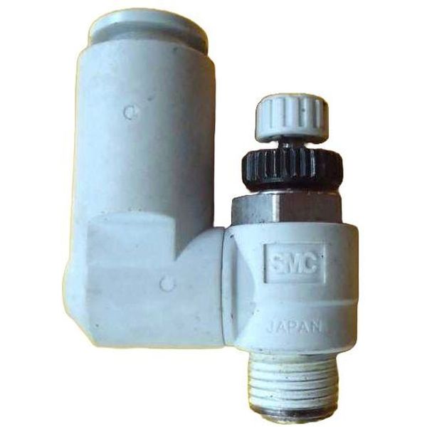 tipo cotovelo, conexão rosca 1/8, diâmetro do tubo 8mm, meio de operação ar comprimido, anel de desengate branco, serve para ajustar a velocidade dos cilindros pneumáticos