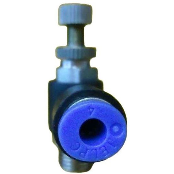 conexão rosca 1/8, diâmetro do tubo 4mm, meio de operação ar comprimido, anel de desengate azul, controle do fluxo de ar