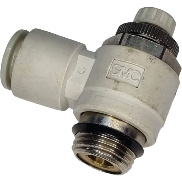 tipo cotovelo, conexão rosca 3/8, diâmetro do tubo 10mm, meio de operação ar comprimido, anel de desengate branco, serve para ajustar a velocidade dos cilindros pneumáticos