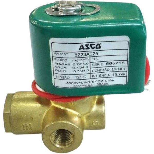 conexão 1/4npt, atuação solenóide, tensão 12VDC / potência 19,7W, corpo latão, meios ar / gás / água / óleo