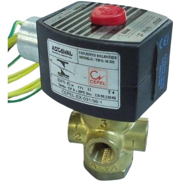 3/2 vias, conexão rosca 1/4NPT, ação direta, fluidos ar / gás inerte / água / óleo, corpo latão
