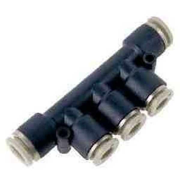 2 conexões para tubo 8mm, 3 conexões para tubo 6mm, para tubos poliuretano ou Nylon, pressão de trabalho 10bar, temperatura de trabalho 0-60oC, materiais latão niquelado e polímero de engenharia, fluido ar / vácuo / água
