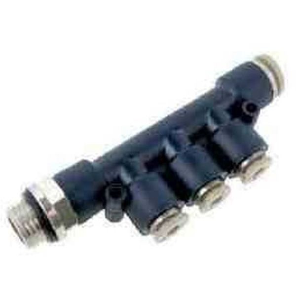 3 conexões para tubo 8mm, 1 conexão para tubo 6mm, para tubos poliuretano ou Nylon, uma conexão roscada 1/4, pressão de trabalho 10bar, temperatura de trabalho 0-60oC, materiais latão niquelado e polímero de engenharia, fluido ar / vácuo / água
