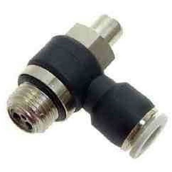conexão para tubo 4mm, para tubos poliuretano ou Nylon, uma conexão roscada 1/8, pressão de trabalho 10bar, temperatura de trabalho 0-60oC, materiais latão niquelado e polímero de engenharia, fluido ar / vácuo / água
