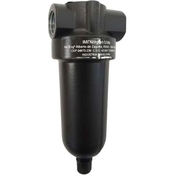 conexão rosca 1/4PTF, dreno manual, pressão 17 bar, temperatura 80oC, copo metálico, corpo liga de zinco, vedações NBR, meio ar comprimido