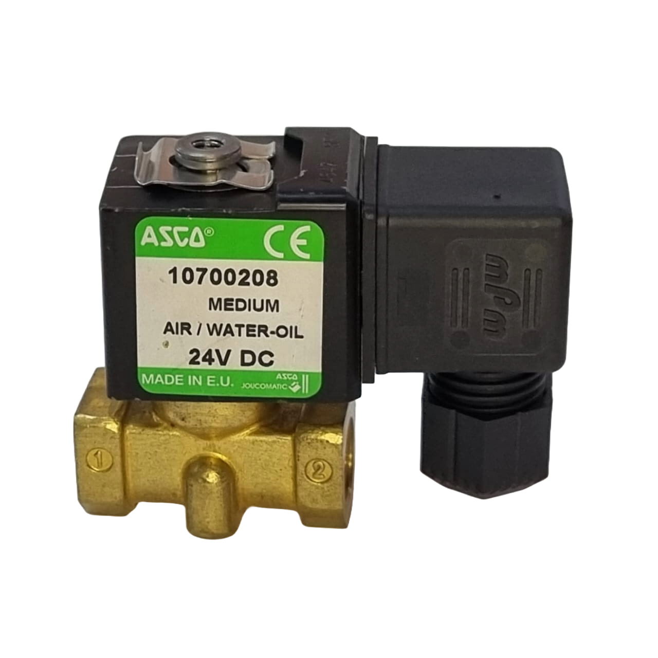 conexão rosca 1/4, código do solenóide 43004647, tensão 24VDC, potência 5W, fluido ar / água / óleo, material do corpo latão