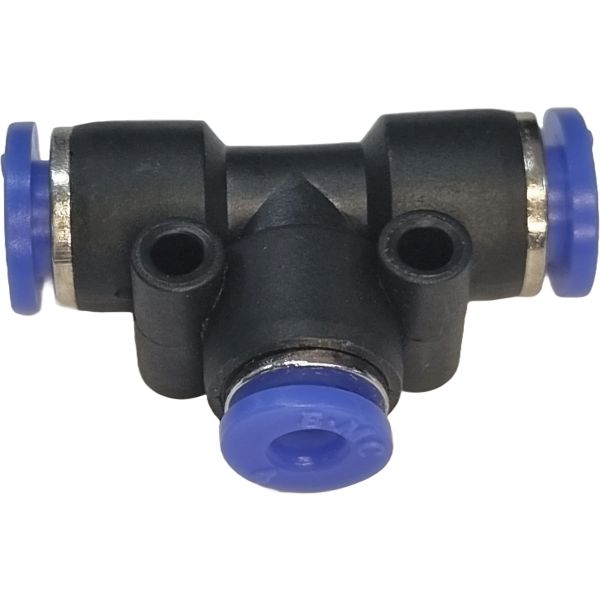 2 conexões diâmetro 6mm, 1 conexão diâmetro 4mm, pressão de 10bar, temperatura de 0°C a +60°C, anel de desengate azul, meio de operação ar comprimido