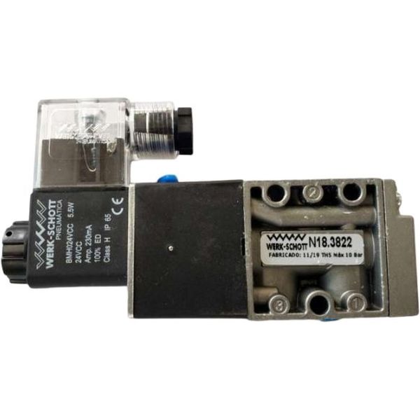 Série N18.000, conexão rosca 1/4BSP, 3 vias NF, atuador solenóide, retorno diferencial, 2 posições. Para fluxos intermediários com vazão de 2073 l/min à pressão de 7 bar.