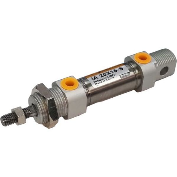 diâmetro 20mm, curso 15mm, conexão rosca G1/8, êmbolo magnético, dupla ação, amortecimento elástico fluido ar limpo