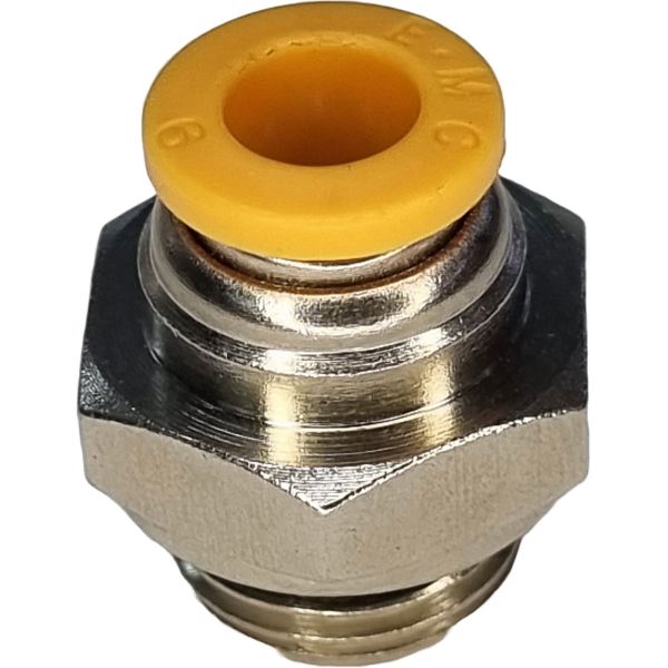 conexão rosca 1/4, diâmetro do tubo 6mm, meio de operação ar comprimido, anel de desengate laranja, corpo metálico