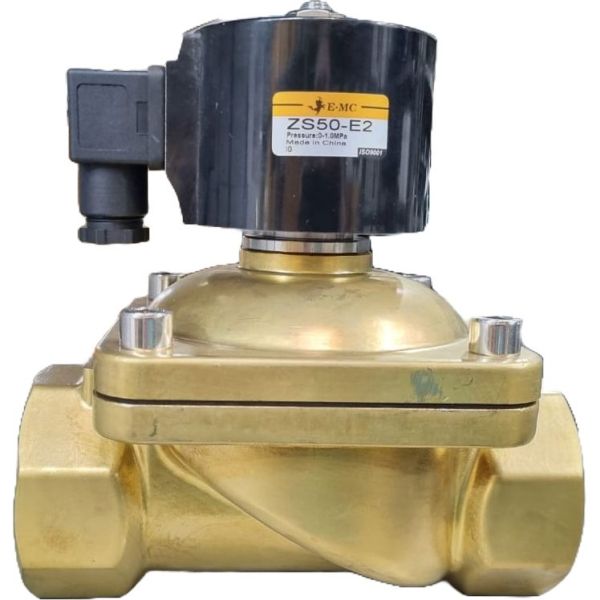 2/2 vias, conexão 2 polegadas, bobina 220VAC, fluidos ar/gás/água/água quente/ óleo leve, temperatura máxima 80oC, material do corpo latão, NF, pressão máxima 10bar,  baixo consumo de energia