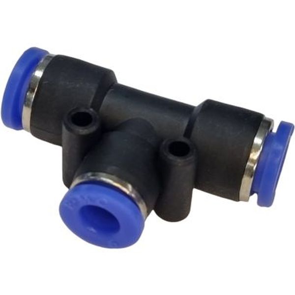2 conexões diâmetro 8mm, 1 conexão diâmetro 6mm, pressão de 10bar, temperatura de 0°C a +60°C, anel de desengate azul, meio de operação ar comprimido