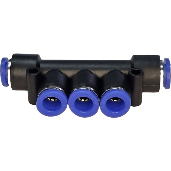 1 entrada para tubos de 8mm, 4 saídas para tubos de 8mm