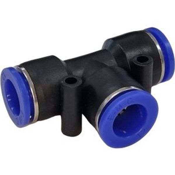 1 conexão diâmetro 12mm, 1 conexão diâmetro 4mm, pressão de 10bar, temperatura de 0°C a +60°C, anel de desengate azul, meio de operação ar comprimido
